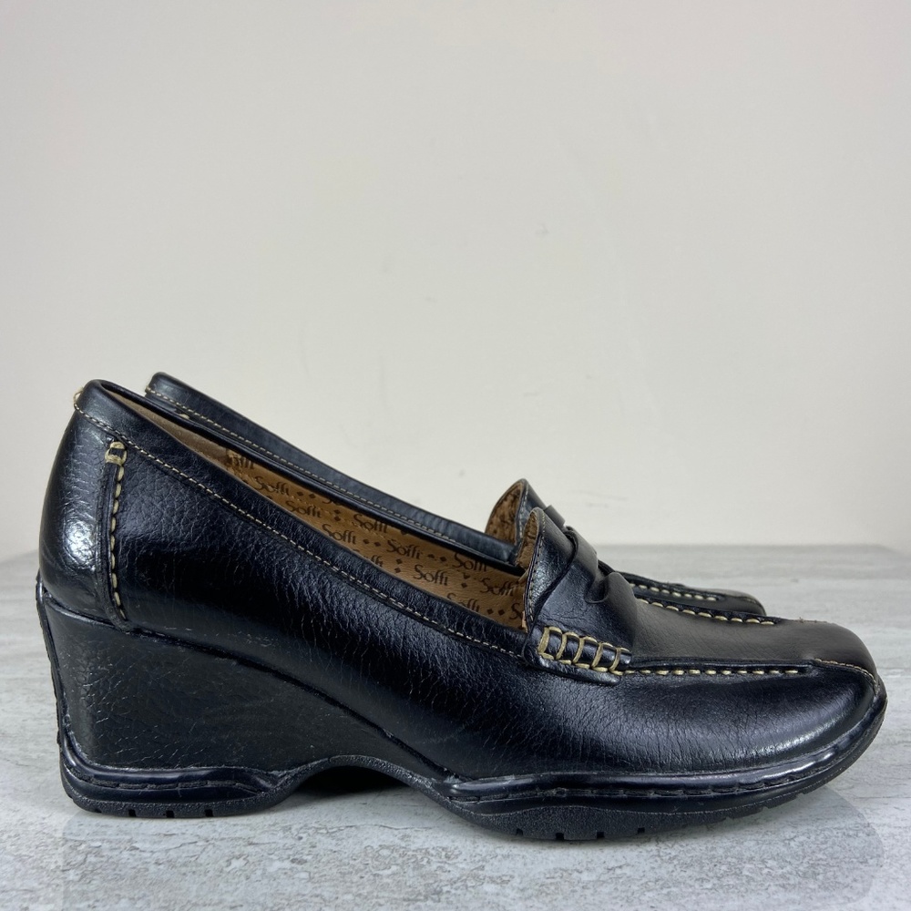 Sofft Black Leather Loafer Wedges